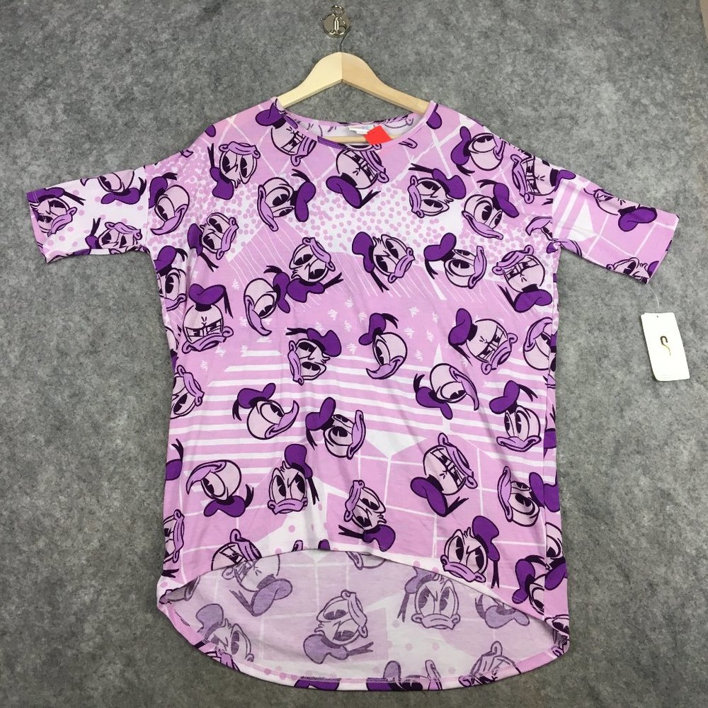 LuLaRoe Top S Tunic Disney Purple Donald Duck Crew Neck Short Sleeve High Low